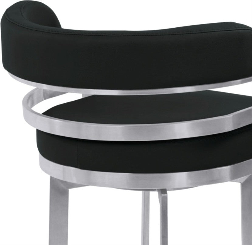 Armen Living Prinz 30" Bar Height Metal Swivel Barstool in Black Faux Leather wi