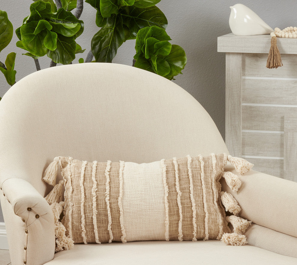 Poly Filled Tassel Edges Striped Throw Pillow With, 12"x20", Ivory