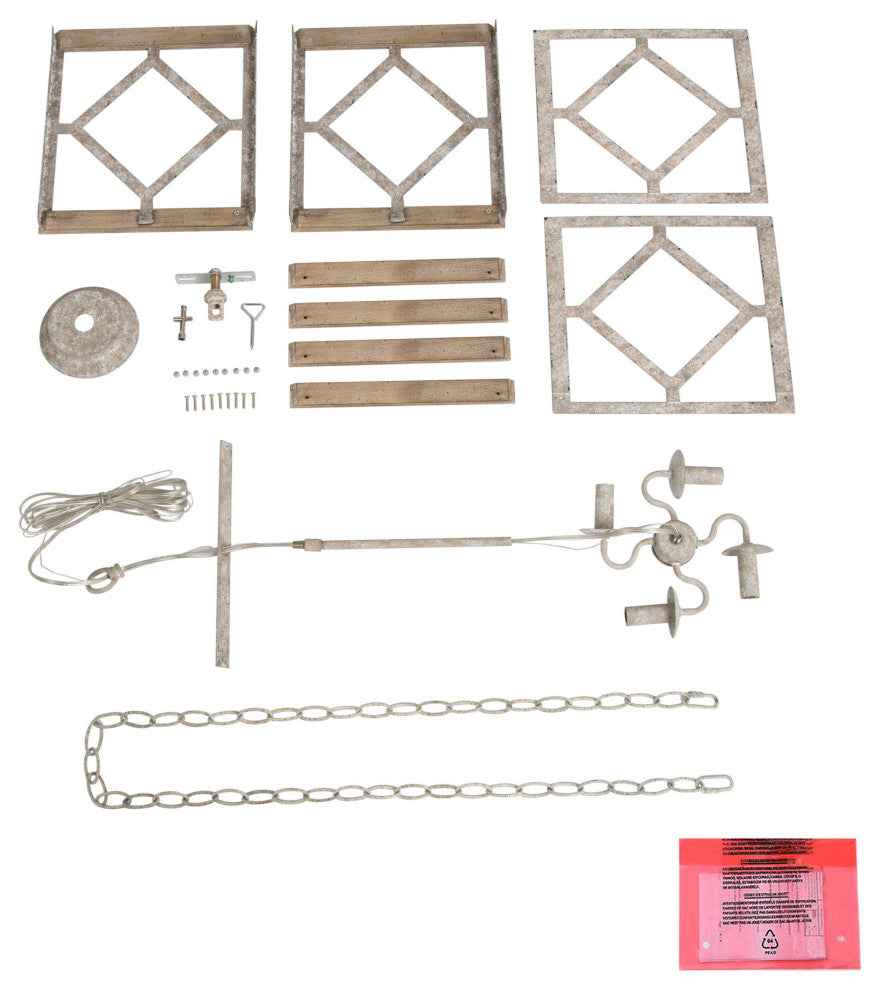 LALUZ 4-Lights Antique White Wood Farmhouse Square Chandelier