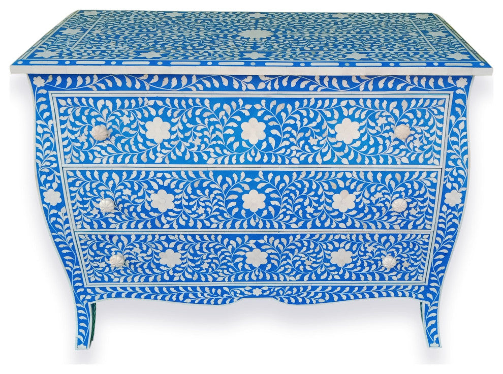 Curved French Style Bone Inlay Dresser Chest in Blue