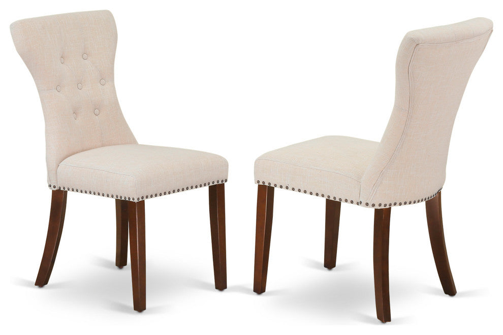 3Pc Round Dinette Set, Pedestal Dining Table, 2 Fabric Kitchen Chairs, Mahogany