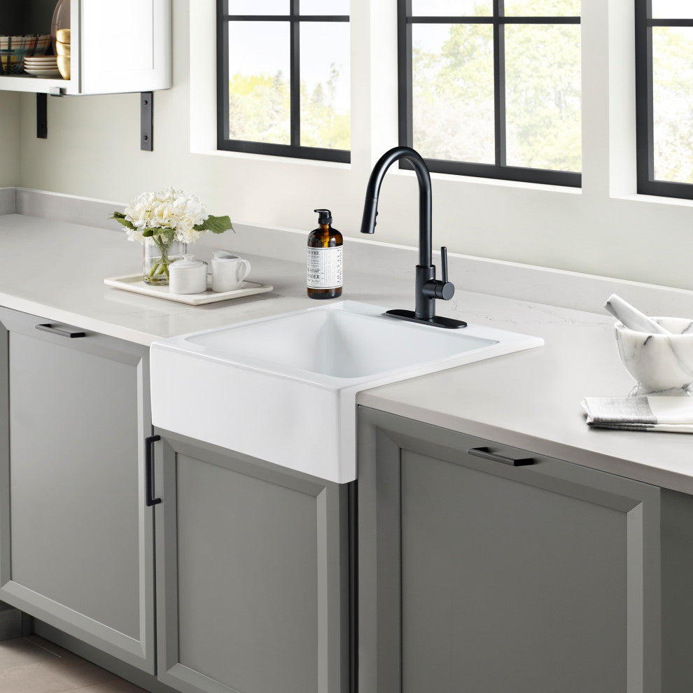 Parker White Fireclay 26" Single Bowl Quick-Fit Drop-In Kitchen Sink, 3 Holes