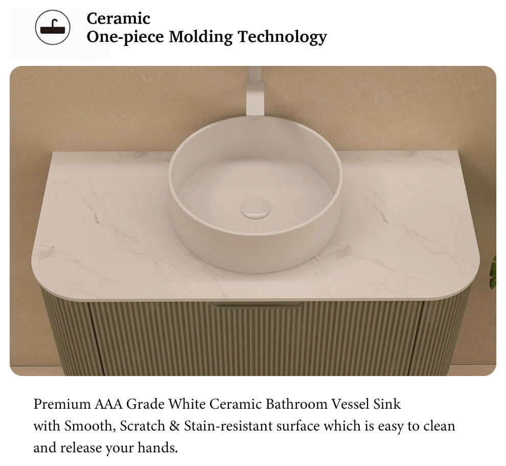 Wall-Mounted Bathroom Vanity With White Round Ceramic Basin, Light Green, 36"