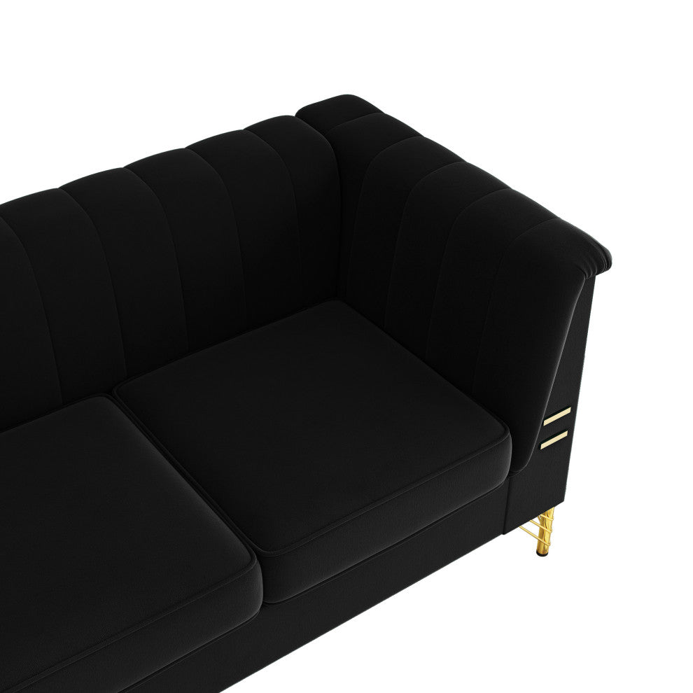 83.4'' Tuxedo Velvet Arm Sofa with Gold Leg, Black