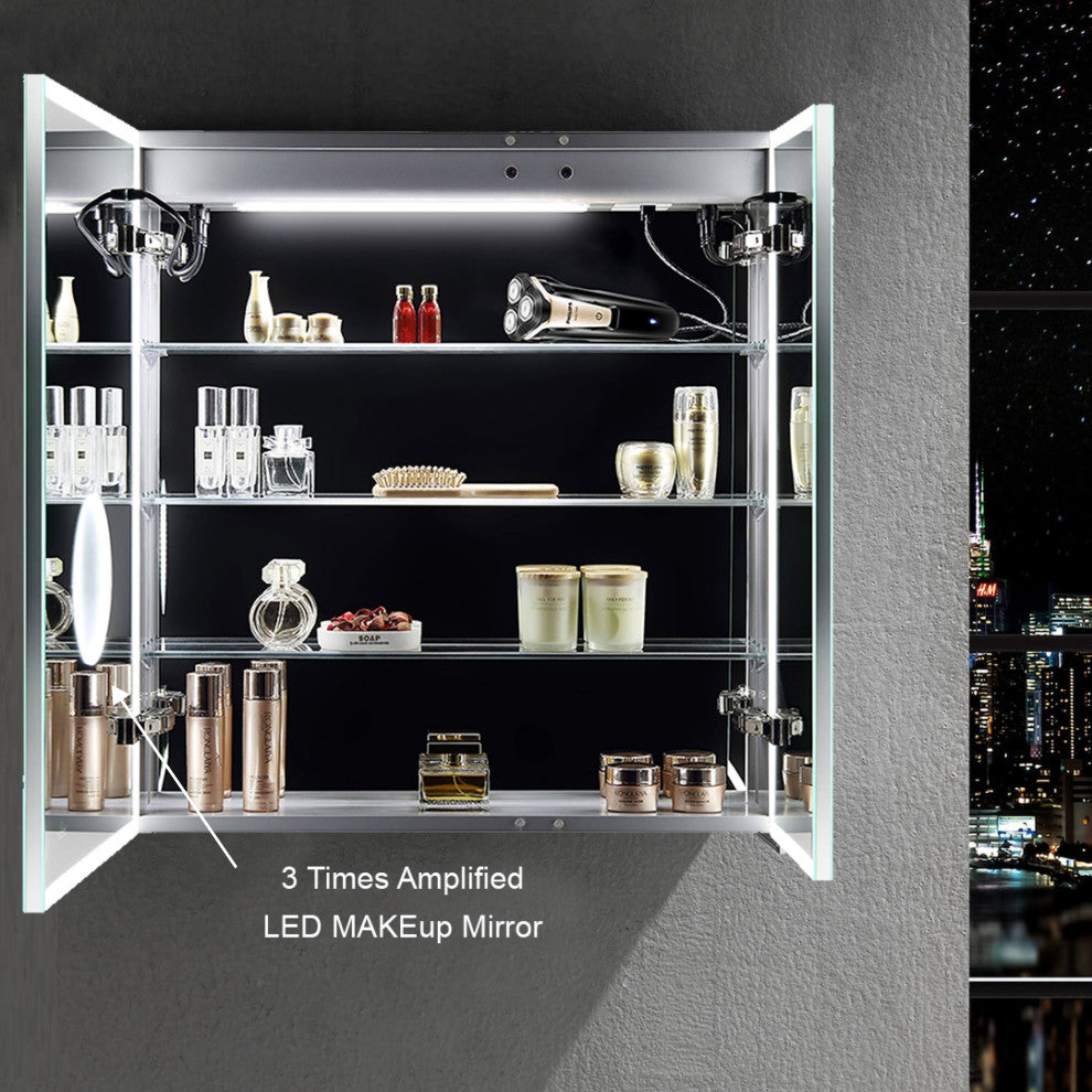 LED Mirror Medicine Cabinet With 3X, Defogger, Dimmer Outlets and USB, 30x32