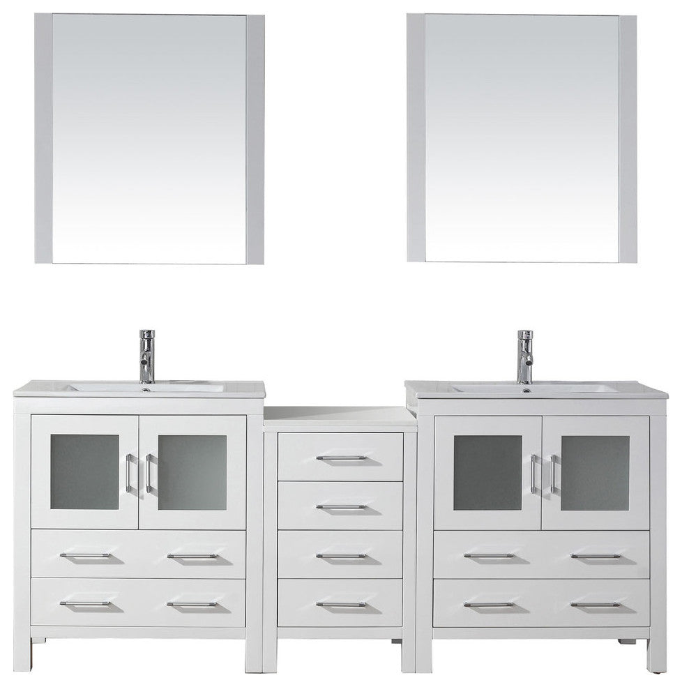 Virtu Dior 78" Double Bathroom Vanity, White, Polished Chrome Faucet, Mirrors