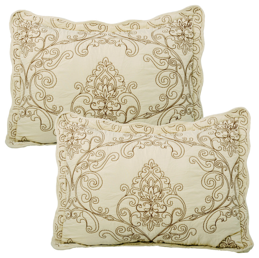 Damask Embroidered Quilted 4 Piece Bed Spread Sets, Beige, King