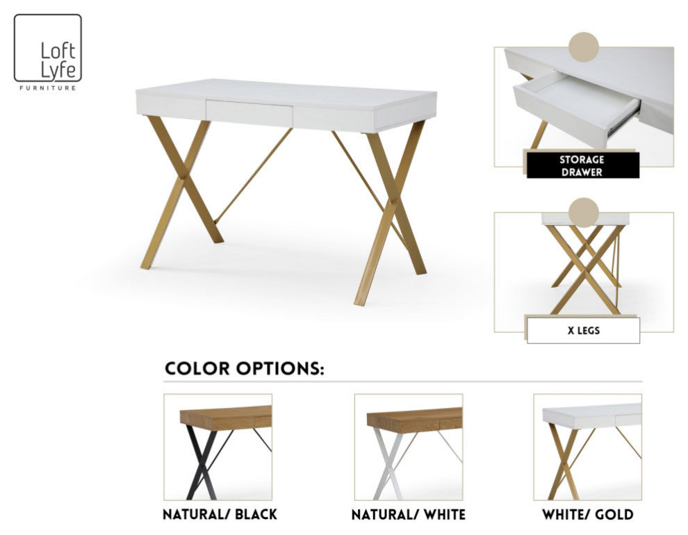 Loft Lyfe Clint Desk, 1 Storage Drawer, White/Gold 43.3Lx21.7Wx30H