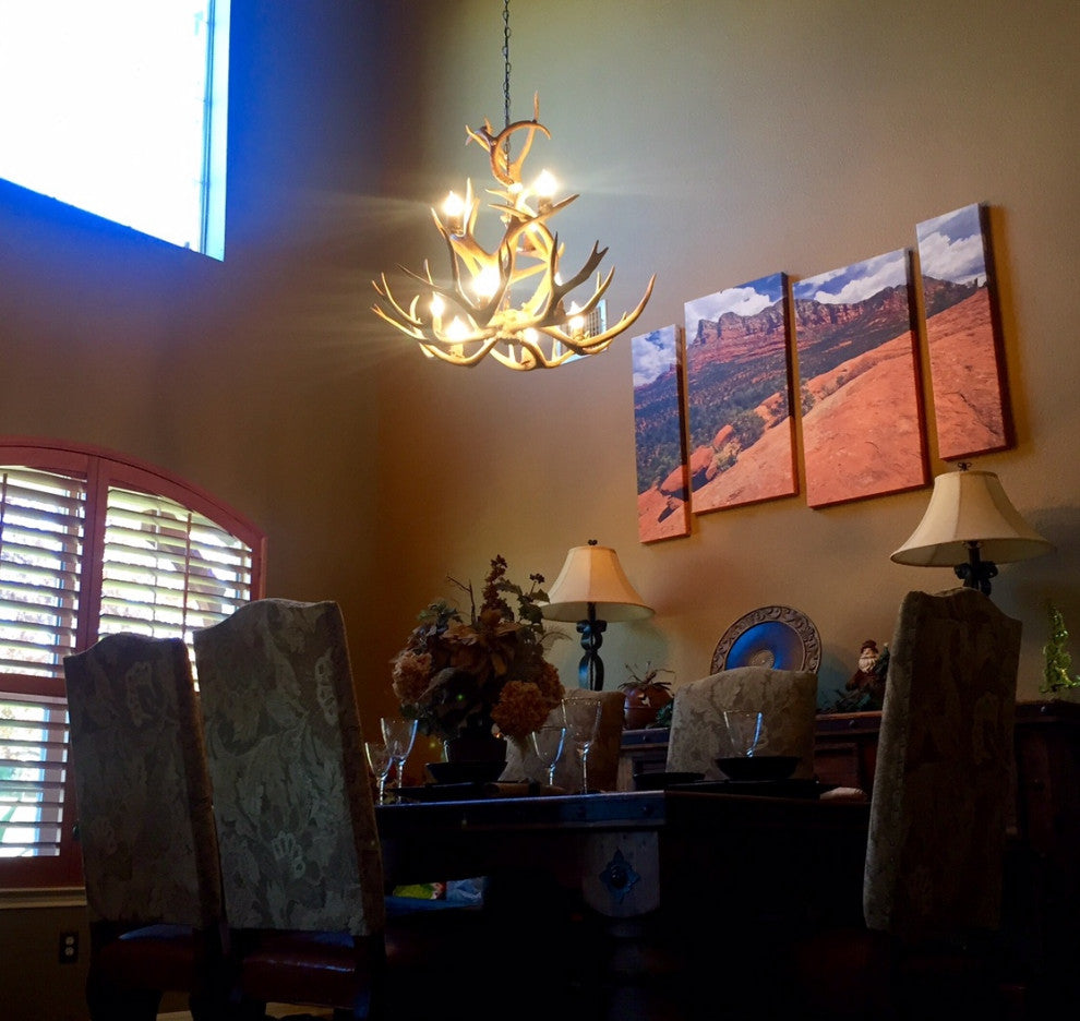 Mule Deer Yellowstone Chandelier, Brown Antler, Parchment Shades