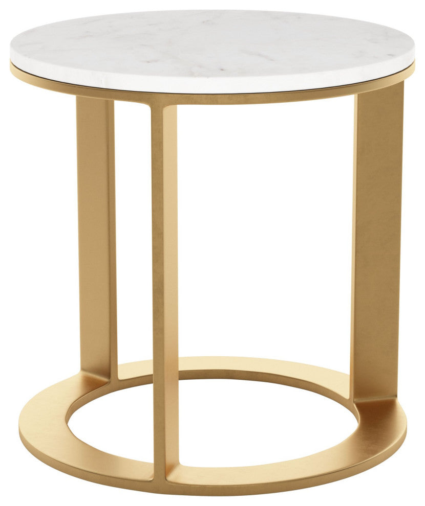 Sofa Side Table, Round, Artificial Marble, Aluminum Metal, White, Gold, Lounge