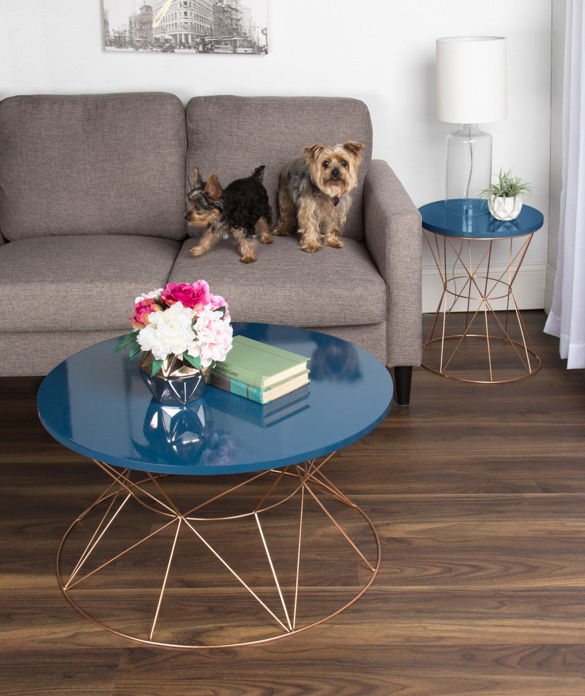 Mendel Round Rose Gold Metal End Table, Blue