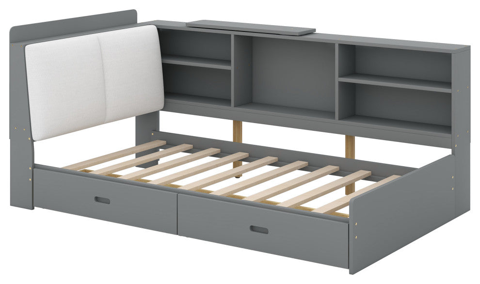 Gewnee Wood Twin Size platform bed with Storage Headboard