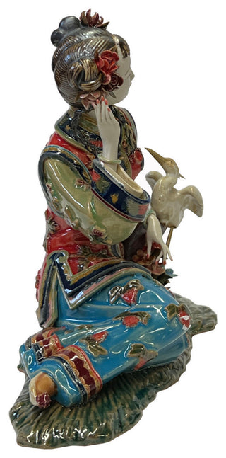 Chinese Oriental Porcelain Qing Style Dressing Cranes Bird Lady Figure Hws3087