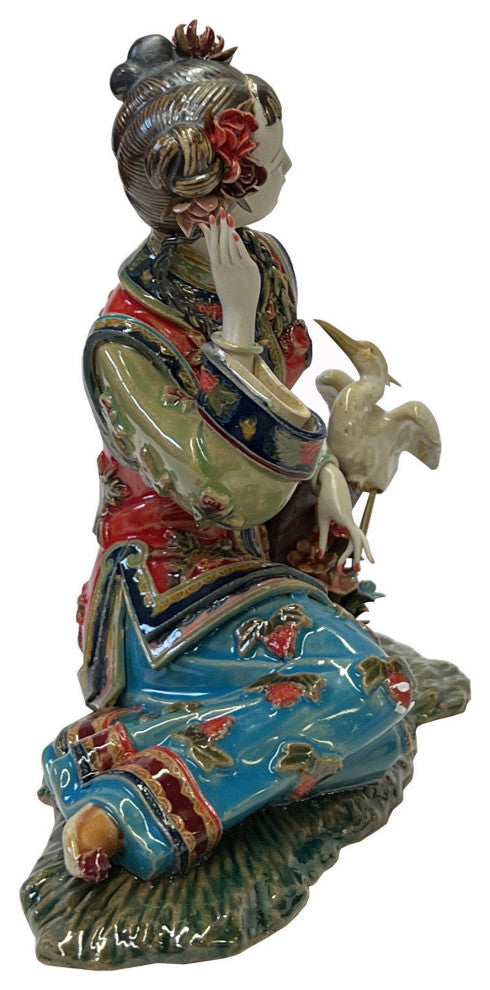 Chinese Oriental Porcelain Qing Style Dressing Cranes Bird Lady Figure Hws3087