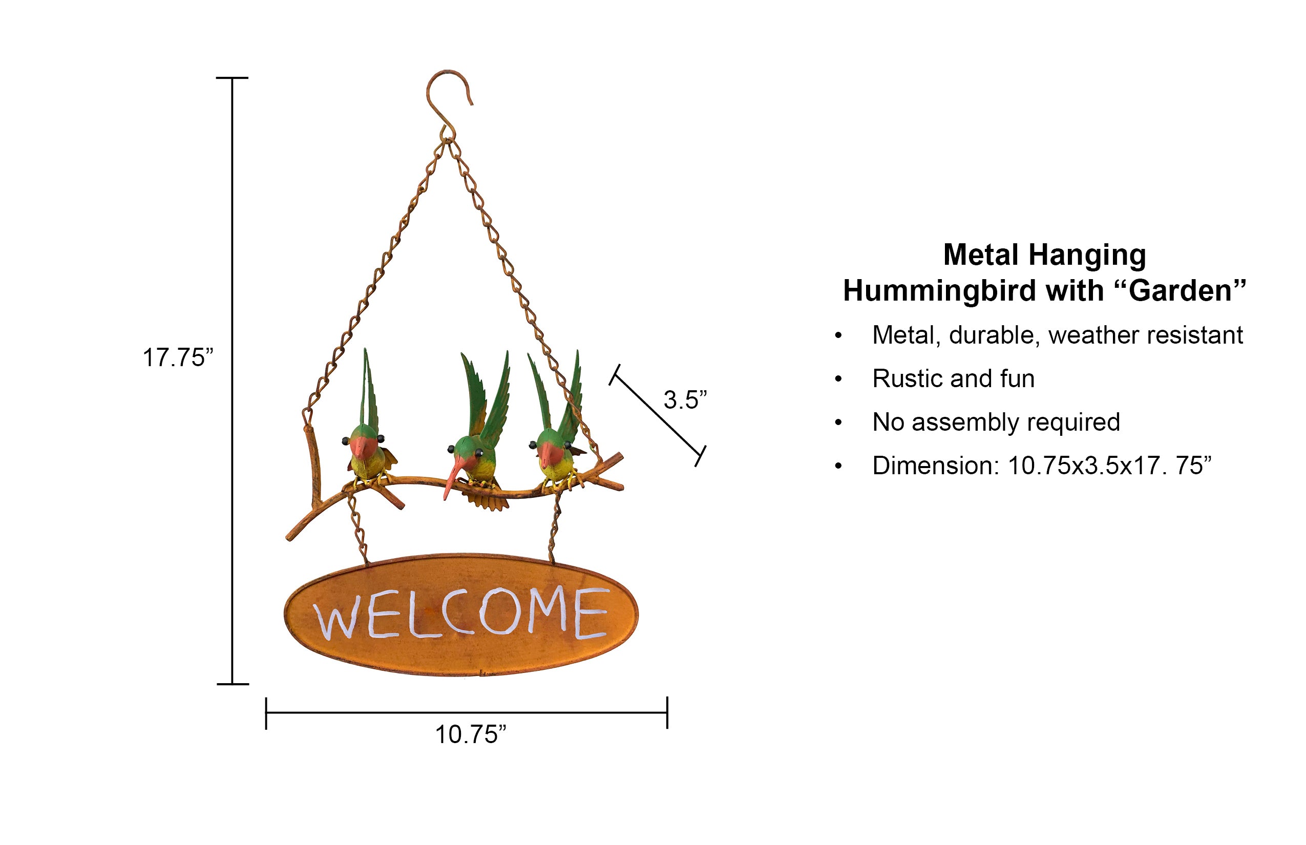 Metal Rustic Hanging Hummingbird Welcome Sign