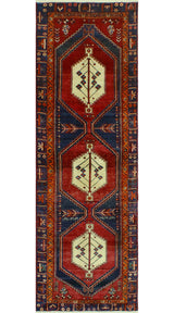 Fine Vintage Distressed Kristoph Red/Navy Runner, 3'1 x 9'5
