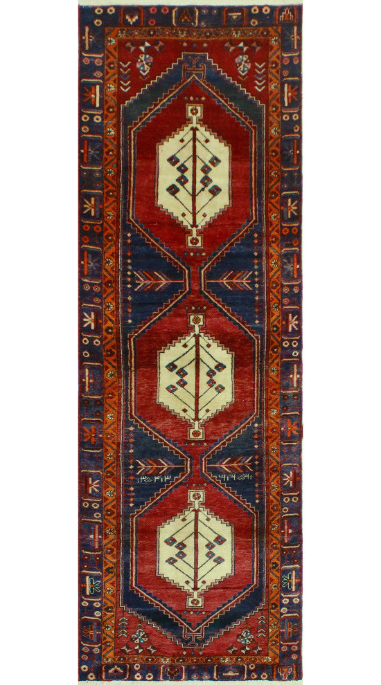 Fine Vintage Distressed Kristoph Red/Navy Runner, 3'1 x 9'5