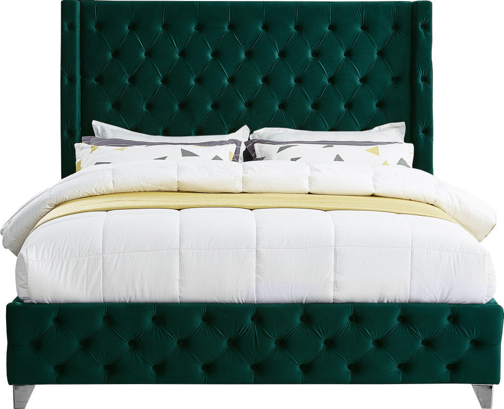 Savan Velvet Upholstered Bed, Green, King