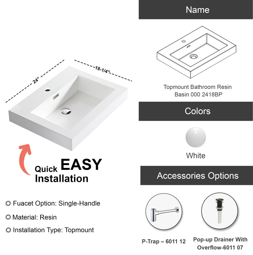 Dowell 18" FTB Resin Bathroom Vanity Basin, White, 24wx18dx6h