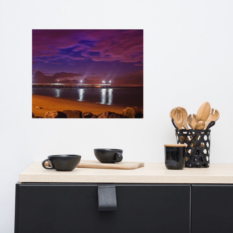 The Pier at Woodland Beach Night Coastal Photo Unframed Wall Art Print, 16" X 20"