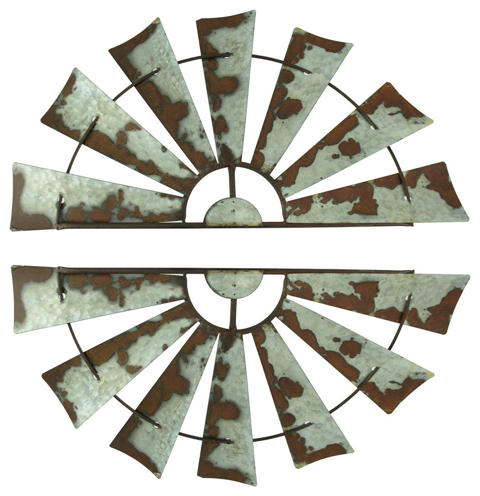 Rusty Weathered Metal Half Windmill Wall Hangings Set of 2