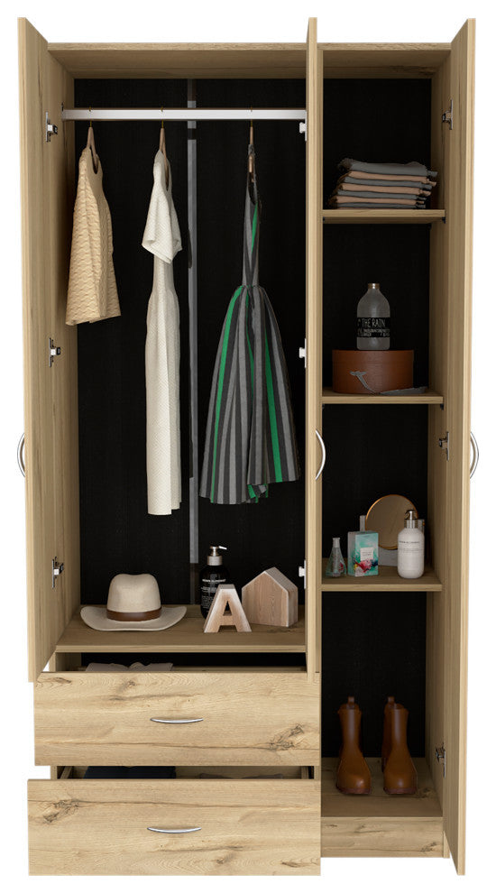 Eureka 3 Door Armoire with 2 Drawers, Inner Shelves, and Rod, Light Oak