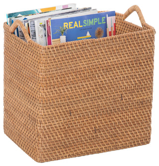 Loma Rectangular Tall Decorative Rattan Storage Basket with Ear Handles, Small, Honey Brown