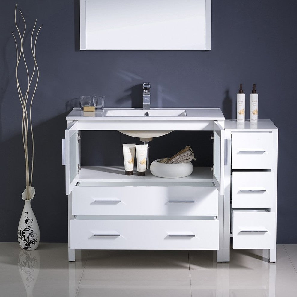 Torino 48" White Modern Bathroom Vanity With Side Cabinet, FFT9161CH