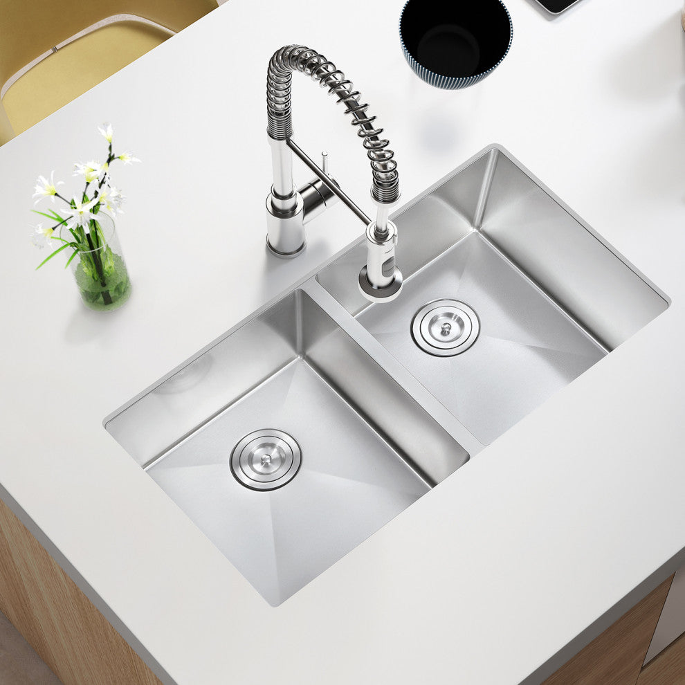 32" Undermount Nano Double Bowl Stainless Steel Kitchen Sink With Drain Assembly