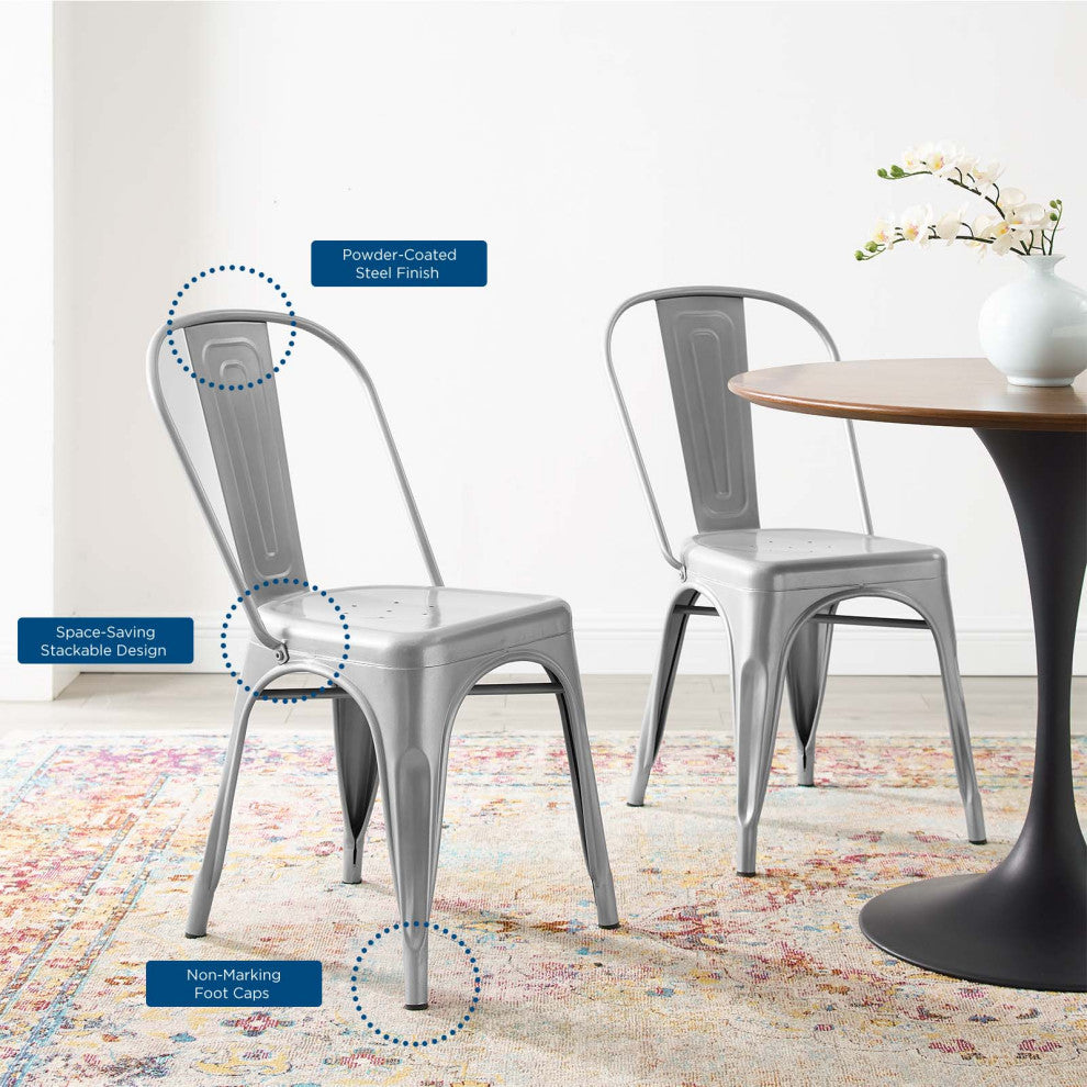 Side Dining Chair, Set of 2, Metal, Silver, Cafe Bistro Restaurant Hospitality
