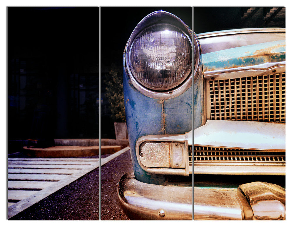 Front Headlight Of Vintage Car, Cars Triptych Canvas Art Print, 36x28, 3 Panels