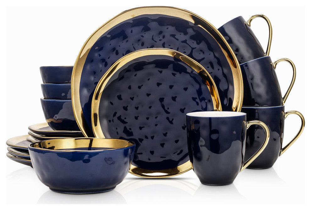 Stone Lain Florian Porcelain 16 Piece Dinnerware Set, Navy Blue