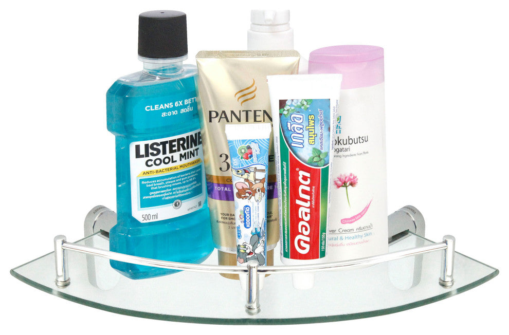 MODONA's 10.5" Glass Corner Shelf With Rail, Polished Chrome