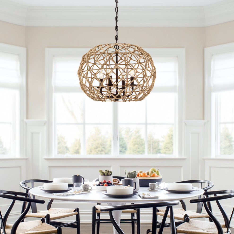20" W 4-Light Natural Jute Rope Woven Globe Pendant Light With Brown Canopy