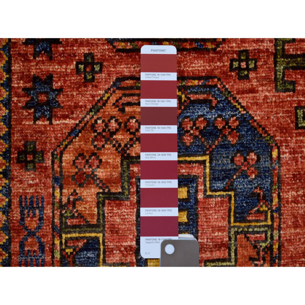 Coral Red Hand Knotted Afghan Ersari, Elephant Feet Design Wool Rug, 2'1" x 3'5"