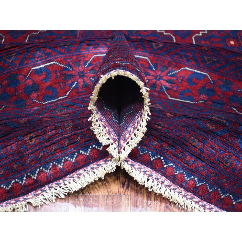 Deep and Saturated Red Hand Knotted Afghan Khamyab Velvety Wool Rug, 9'8"x13'1"