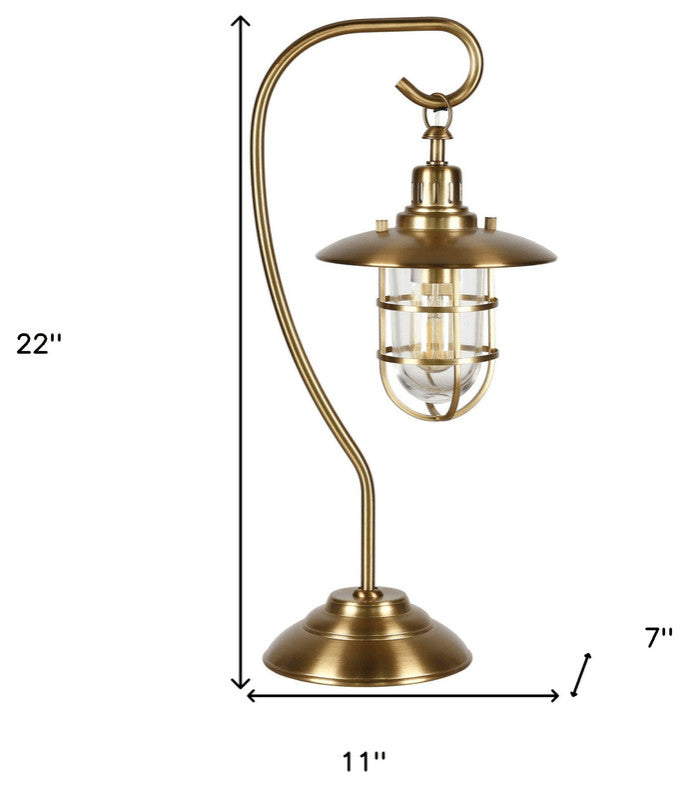 22" Antiqued Brass Metal Arched Table Lamp With Brass Cage Shade