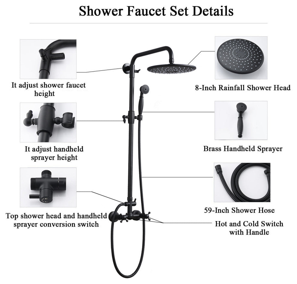 Antique Brass Bathroom Shower Faucet Set Wall Mounted Exposed Shower System, Matte Black
