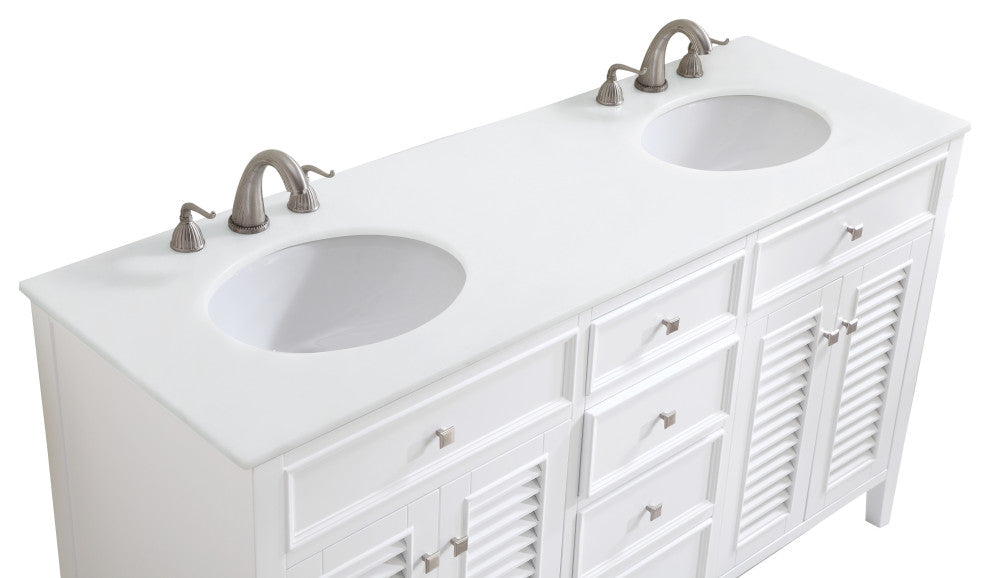 60" Double Bathroom Vanity, White With Ivory White Engineered Marble