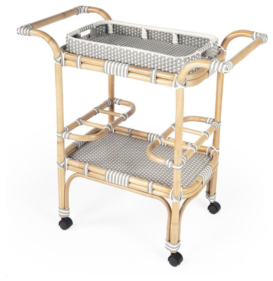 Butler Selena Gray and White Rattan Bar Cart