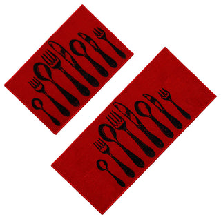Wool-Effect Kitchen Mat With Chic Cutlery Print, Red, Set of 2