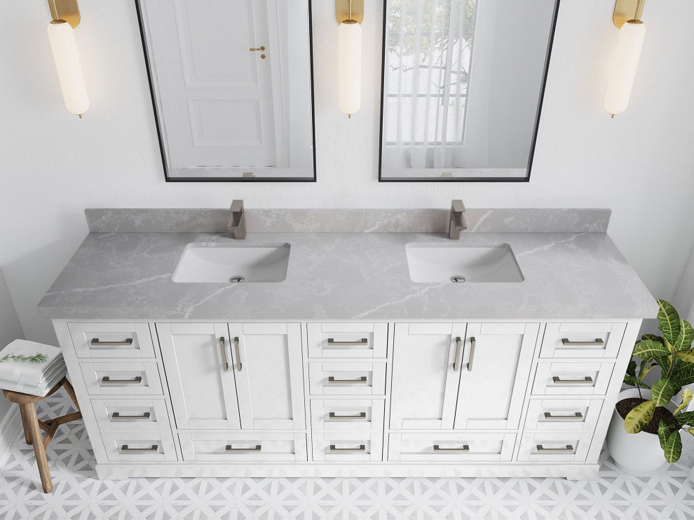 Boston 84 Double Sink Bath Vanity in White 2" Pearl Gray