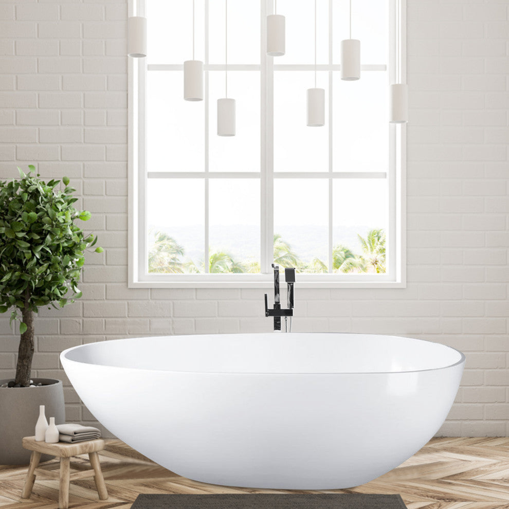 Vanity Art Solid Surface Resin Stone Freestanding Bathtub, Glossy White, 59 in. X 30 in.