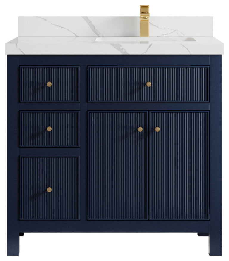 Sonoma 36 Right Offset Reeded  Bath Vanity in Hale Navy Blue 2" Calacatta Laza