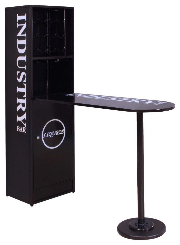 63" X 19" X 67" Black Metal Tube Bar Table With Cabinet