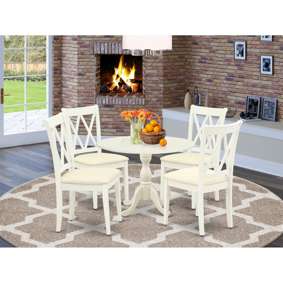 5 Pc Dinning Set, 1 Drop Leaves Dining Table, 4 Linen White Dining Chairs