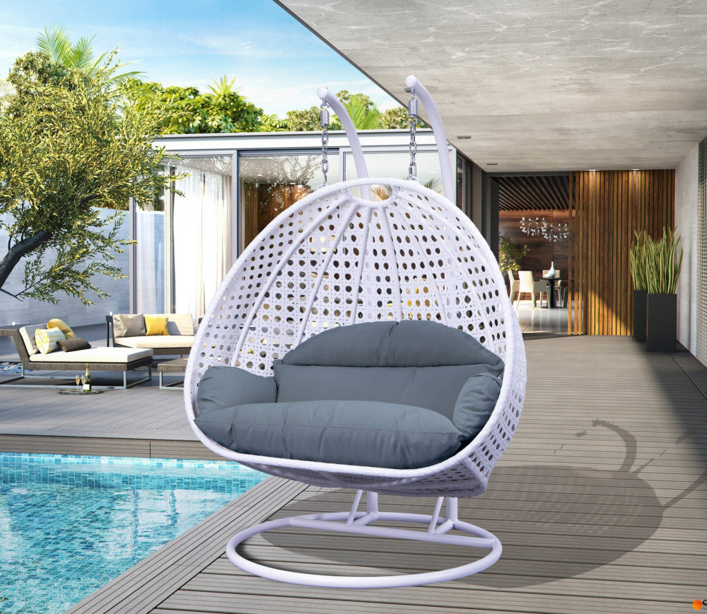 2 Person White Wicker Double Hanging Egg Swing Chair, Charcoal Blue