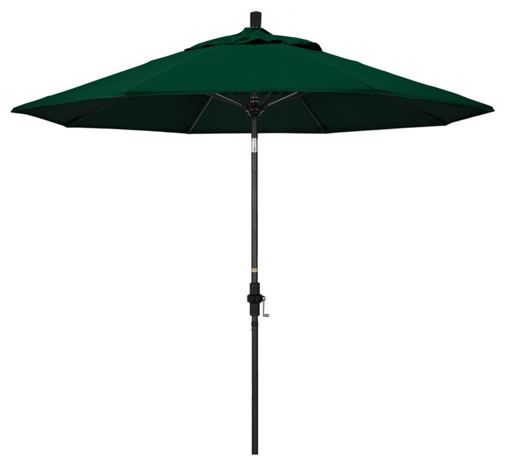 9' Matted Black Collar Tilt Lift Fiberglass Rib Aluminum Umbrella, Sunbrella, Forest Green