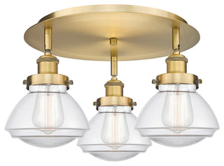 Olean-3 Light 18" Flush Mount-Brushed Brass, Clear Glass Shade