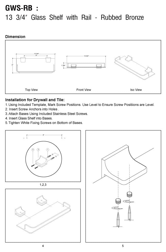MODONA's 13" Glass Wall Shelf With Rail, Rubbed Bronze